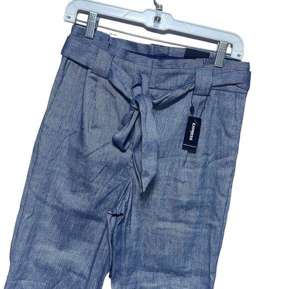 Express Blue Ankle High Rise Belted Linen Blend Pant NWT MSRP $79.98 - Picture 6 of 14